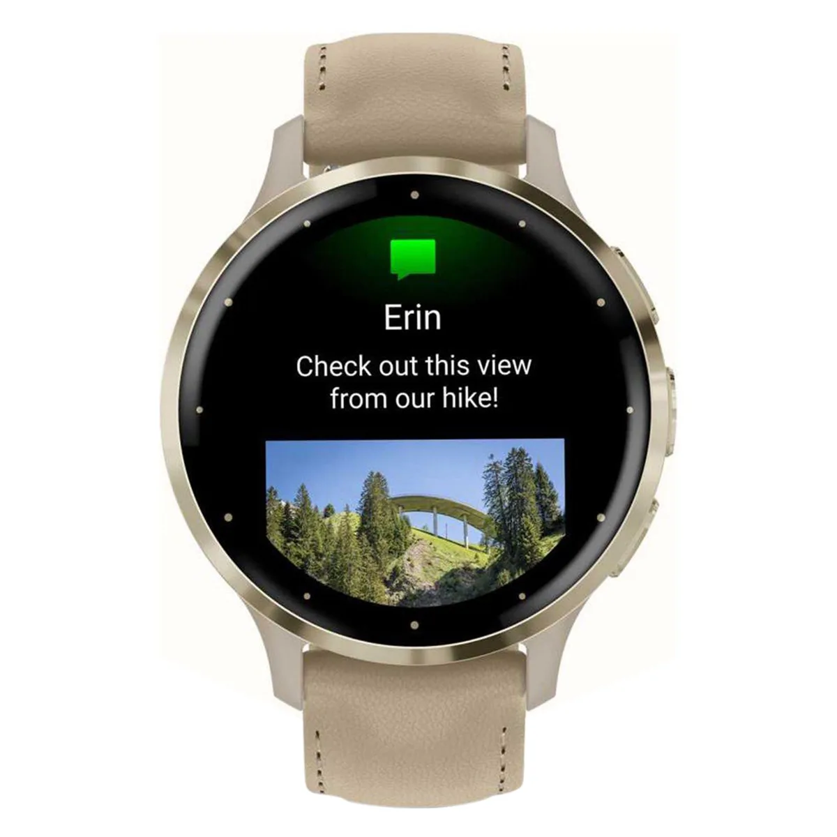 Garmin Venu 3s Soft gold stainless steel bezel with French grey case and leather band Smart Watch
