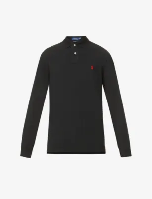POLO RALPH LAUREN Long-sleeved logo-embroidered custom slim-fit cotton-piqué polo shirt - POLO BLACK