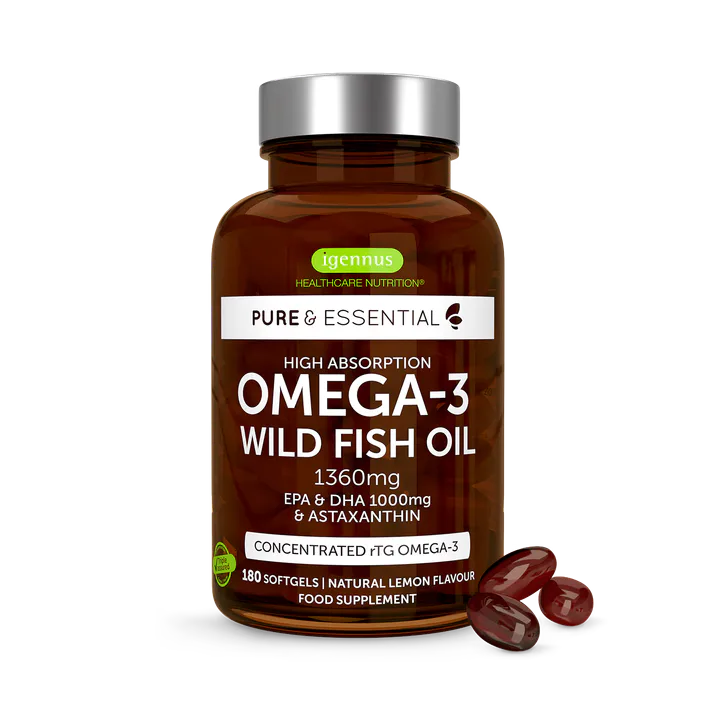 Igennus Healthcare Nutrition rTG Omega-3 Wild Fish Oil with Astaxanthin, 1000mg EPA & DHA, IFOS Certified, 180 Softgels
