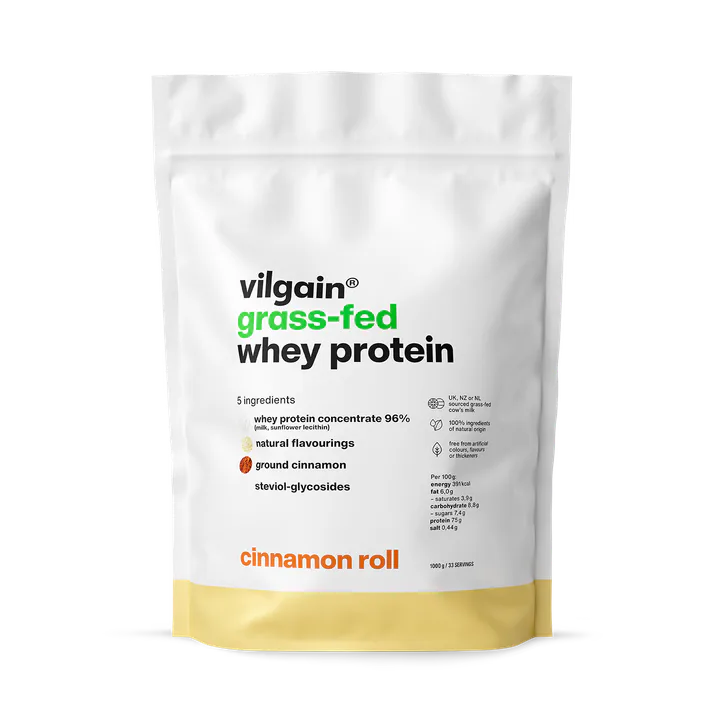 Vilgain Grass-Fed Whey Protein Powder Cinnamon Roll 1000g | 22.5g Protein per Serving | British Sourced | Naturally Sweetened with Stevia