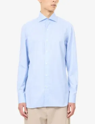 FINAMORE Gingham-Print Long-Sleeve Cotton-Poplin Shirt in Twill Blu Check, additional product view 3