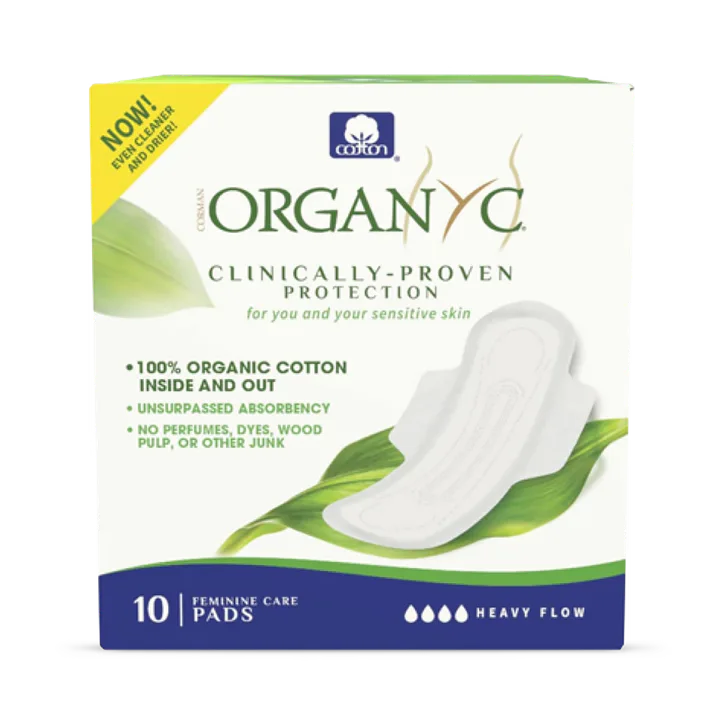 Organyc - 100% Certified Organic Cotton Inside and Out Feminine Pads, Sanitary Napkin 40 Count, Heavy Flow, New Larger Size Packaging
