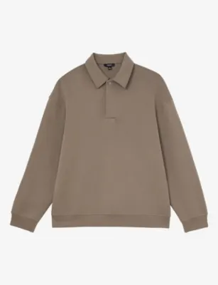 REISS Brooks Relaxed-Fit Cotton-Blend Polo Sweatshirt - MUSHROOM BROWN