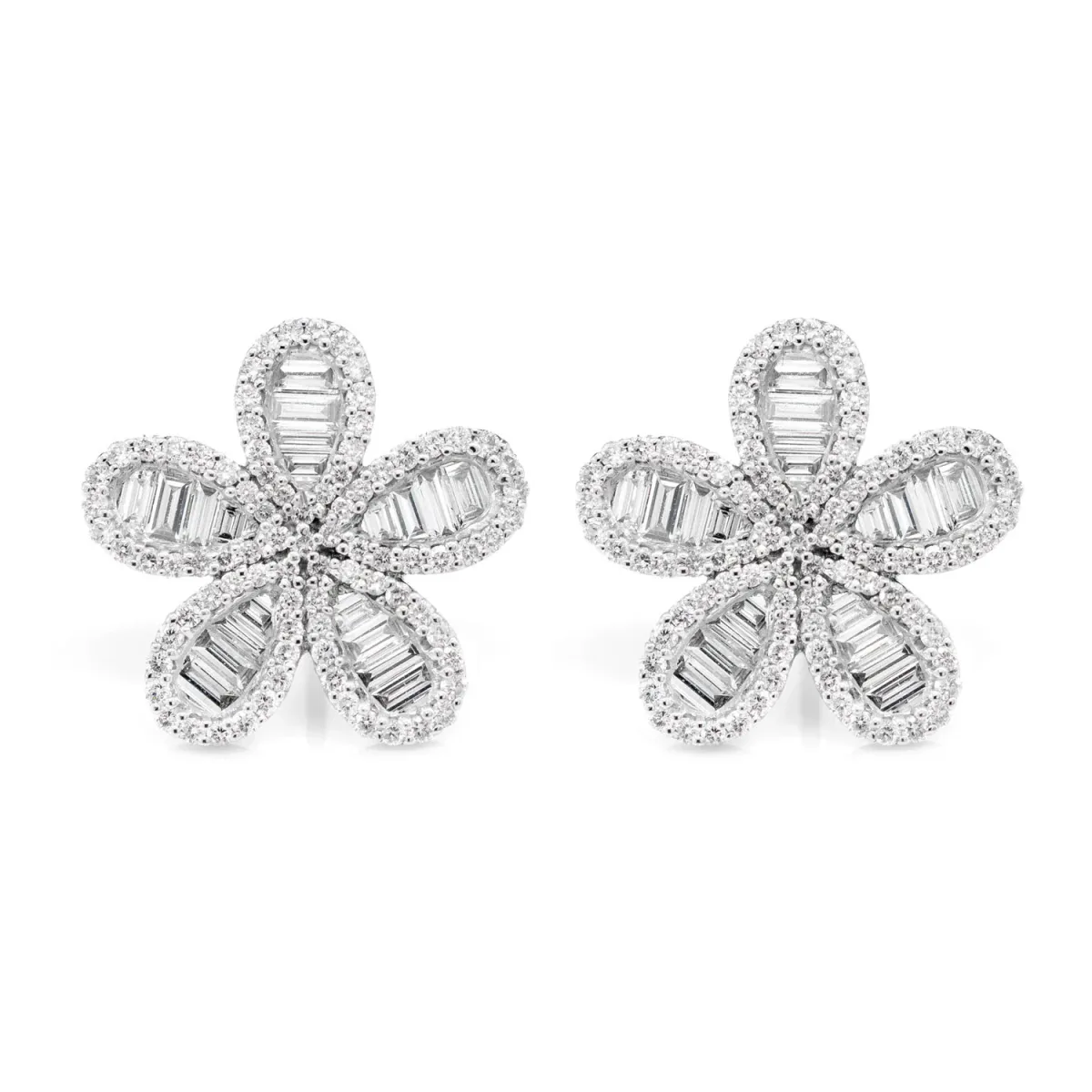 For Him Baguette and Round Border Flower Diamond Stud Earrings in White Gold / Lab Grown Diamond – Earring