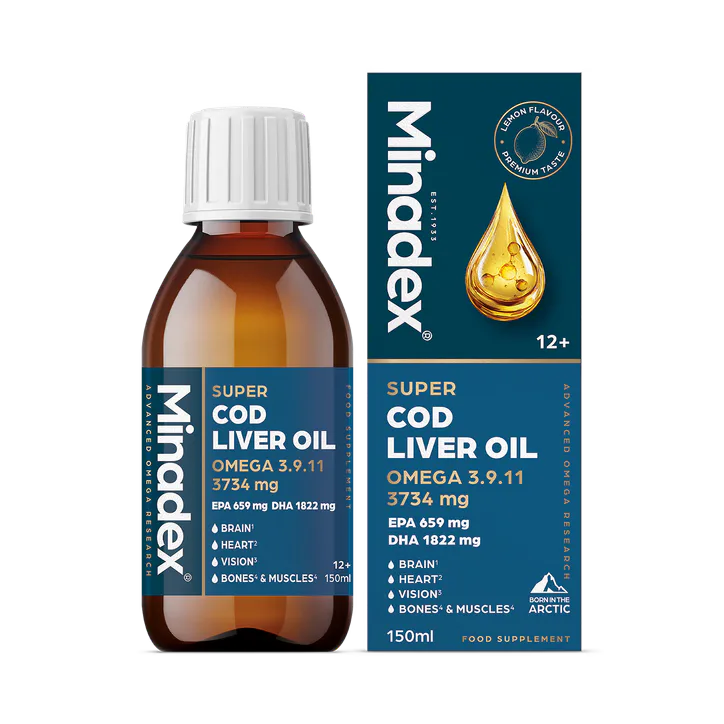 Minadex Super Cod Liver Oil, Omega 3-9-11 3734mg Lemon Flavour 150ml
