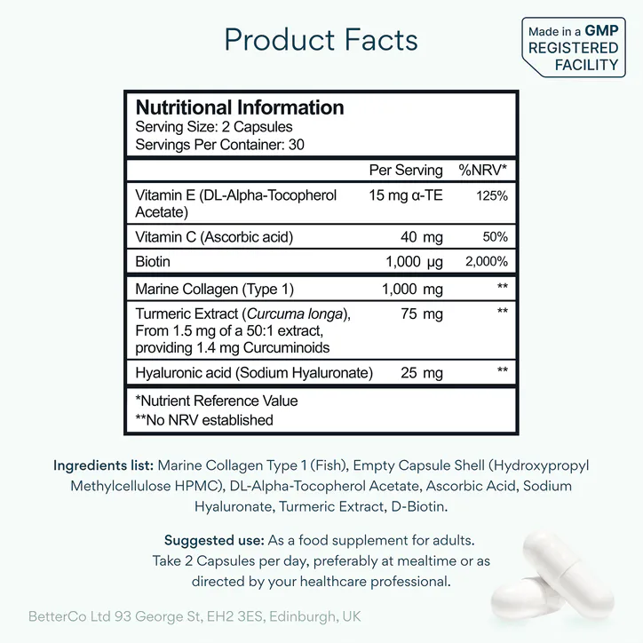 Bettervits Collagen Complex with Hyaluronic Acid & Turmeric 60 Capsules, additional product view 3