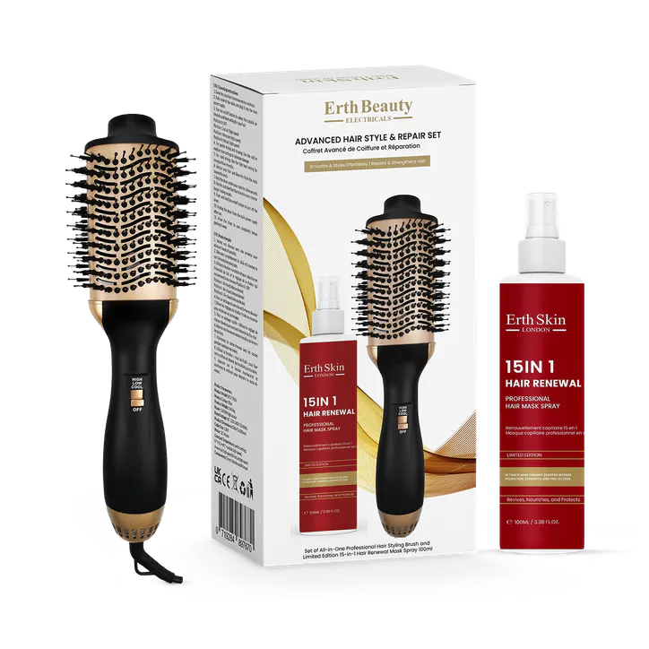 Erth Skin London ADVANCED HAIR STYLE & REPAIR SET (ALL-IN-ONE PROFESSIONAL HAIR BRUSH + 15-IN-1 HAIR SPRAY – 100ML)