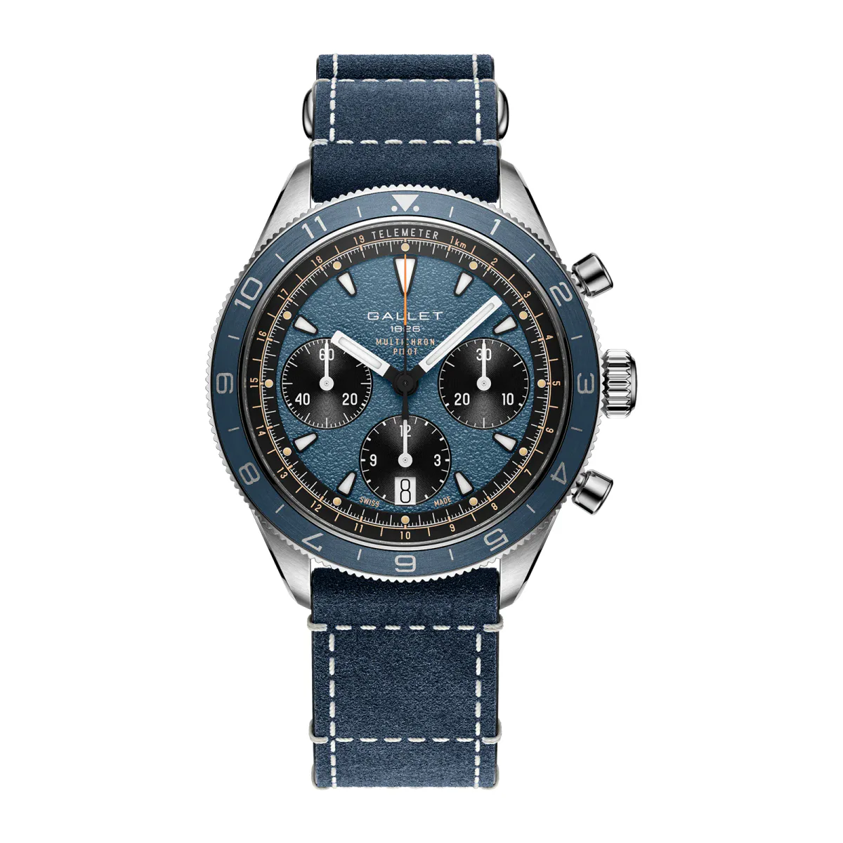 Gallet Multichron Pilot Chronograph Automatic 42mm Unisex Watch Blue Dial Fabric