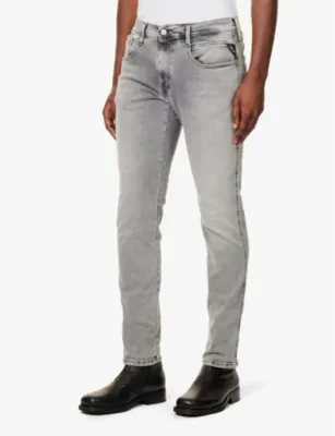REPLAY Anbass Hyperflex whiskering slim-leg regular-fit stretch-denim jeans - 34/32 in MEDIUM GREY, additional product view 3