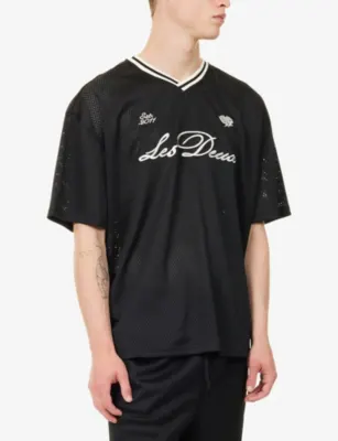 LES DEUX Brand-Embroidered Mesh Woven T-Shirt detail 3