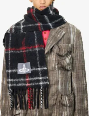 VIVIENNE WESTWOOD Checked Brand-Patch Wool-Blend Scarf detail 2