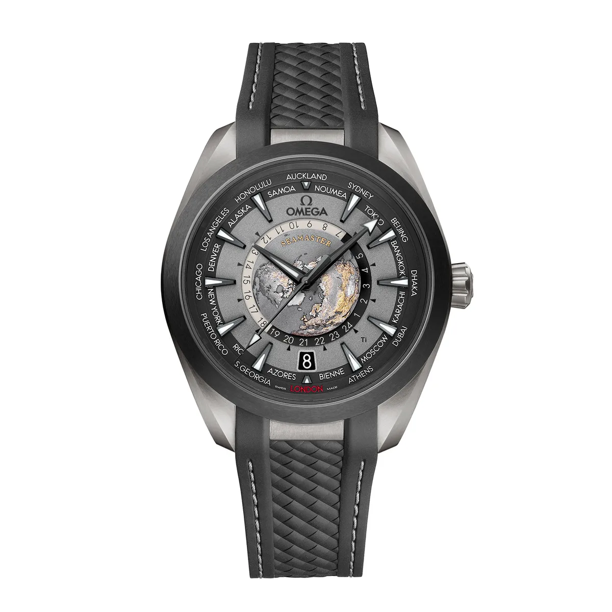 Omega Seamaster Aqua Terra 150m Co Axial Master Chronometer GMT Worldtimer 43mm Mens Watch Black Rubber