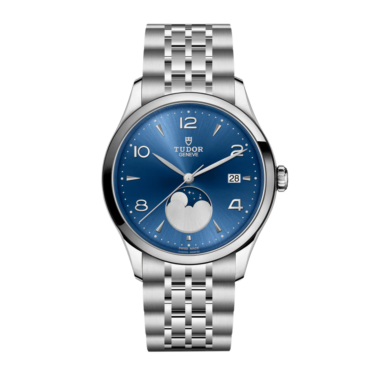 Tudor 1926 Luna 39mm Mens Watch Steel Case Moon Phase Indicator Blue Dial