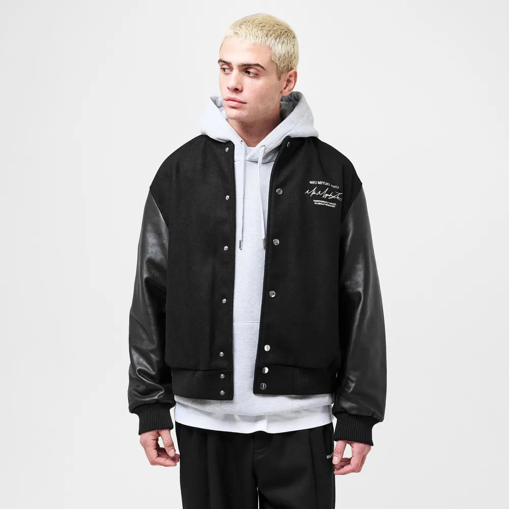 MKI MIYUKI ZOKU Men's Script Varsity Jacket in Black, additional product view 3