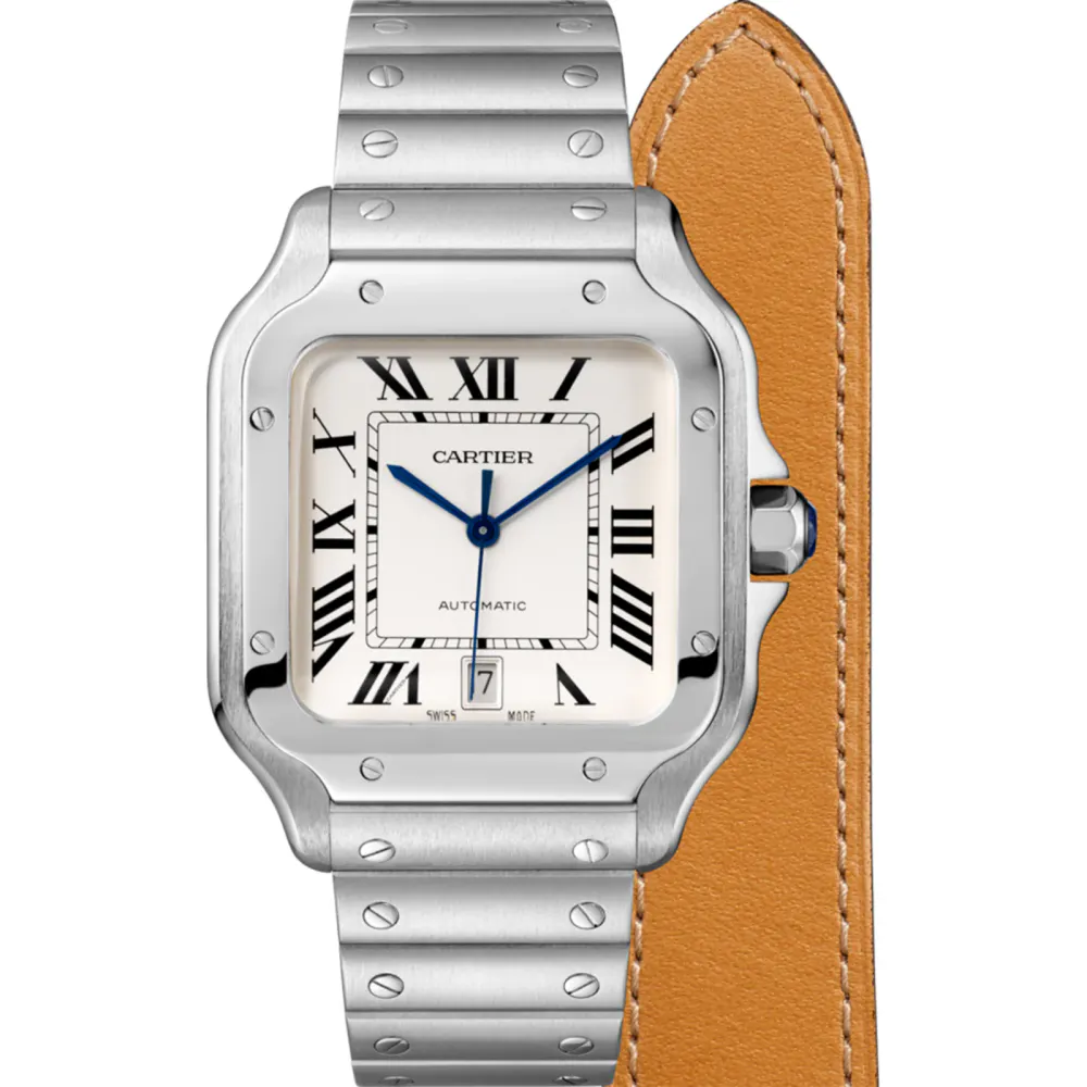 Cartier Santos De Cartier Watch Large Model, Automatic Movement, Steel, Interchangeable Metal And Leather Bracelets detail 3