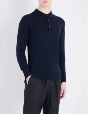 JOHN SMEDLEY Belper knitted polo jumper in MIDNIGHT – Mens | Tops & t-shirts | Polo shirts | Long sleeve