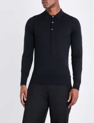 JOHN SMEDLEY Belper knitted polo jumper in BLACK – Mens | Tops & t-shirts | Polo shirts | Long sleeve