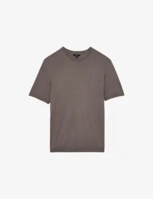 REISS Chad Crewneck Short-Sleeve Cotton-Blend T-Shirt - MOUSE BROWN