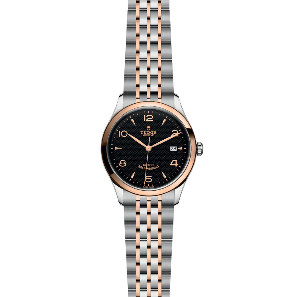 Tudor 1926 39mm Mens Watch Steel Case Rose Gold Bezel Black Dial detail 2