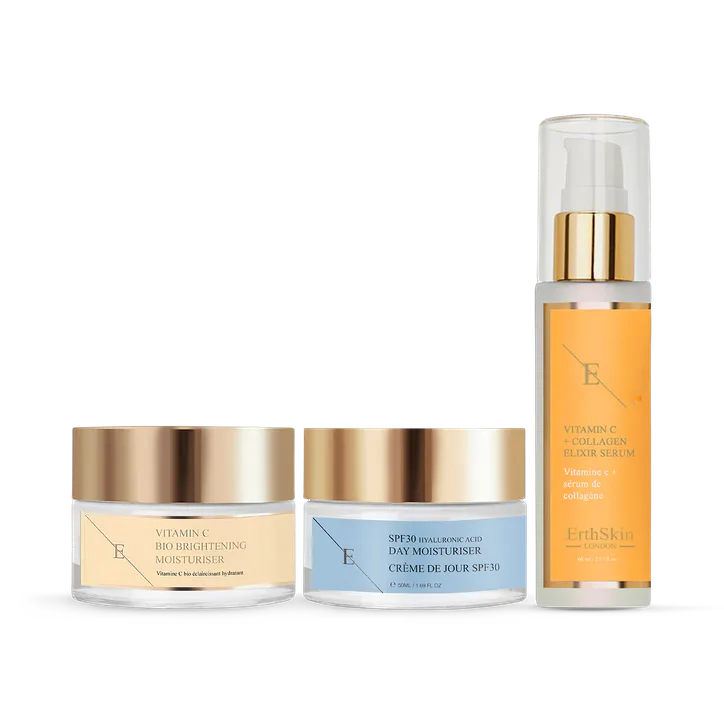 Erth Skin London VITAMIN C + COLLAGEN ELIXIR SERUM 60ML + Vitamin C Bio Brightening Moisturiser 50ml+SPF 30 Hyaluronic Acid Day Cream 50ml