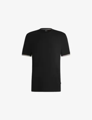 BOSS Striped-trim regular-fit cotton-jersey T-shirt - BLACK