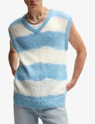 HUGO Striped V-neck knitted vest in LIGHT/PASTEL BLUE, additional product view 3