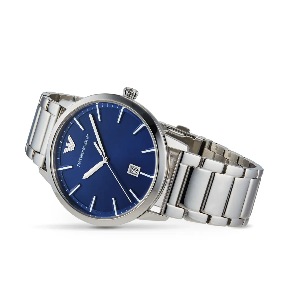 Emporio Armani Mens Date Stainless Steel Bracelet Strap Watch, Silver/Blue detail 2