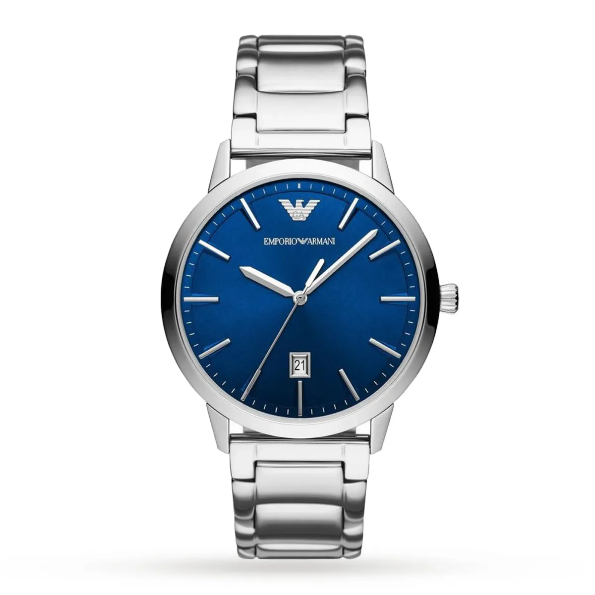 Emporio Armani Mens Date Stainless Steel Bracelet Strap Watch, Silver/Blue