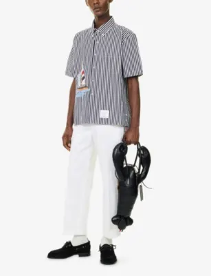THOM BROWNE Sailboat-Embroidered Striped Cotton Shirt detail 2