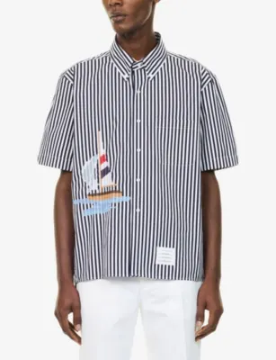 THOM BROWNE Sailboat-Embroidered Striped Cotton Shirt detail 3
