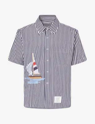 THOM BROWNE Sailboat-Embroidered Striped Cotton Shirt