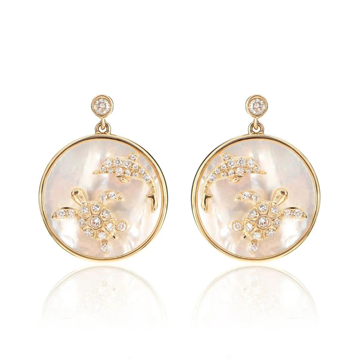 For Him Mother of Pearl and Diamond Sea Turtle Dolphin Earrings in Rose Gold / Lab Grown Diamond – Earring