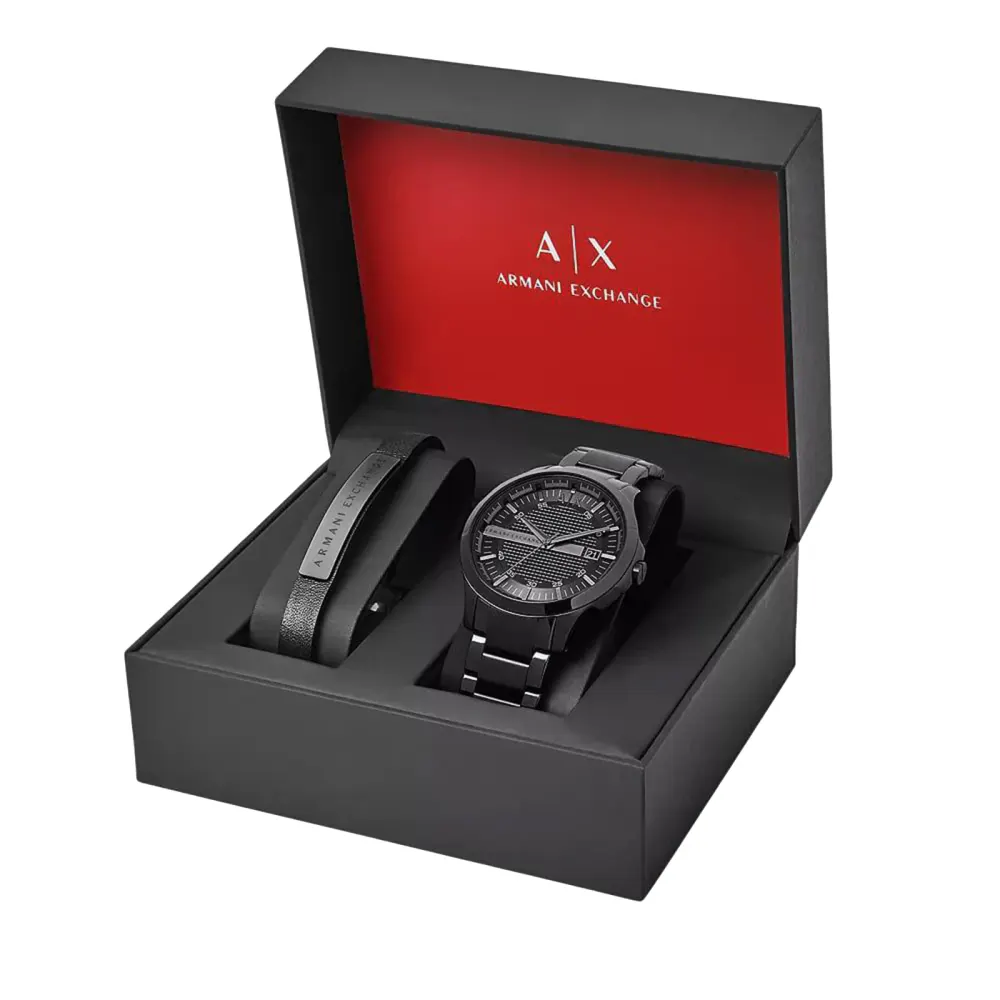 Armani Exchange Three-Hand Date Black Stainless Steel Watch and Bracelet Gift Set detail 3