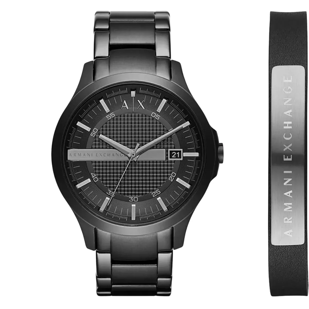 Armani Exchange Three-Hand Date Black Stainless Steel Watch and Bracelet Gift Set