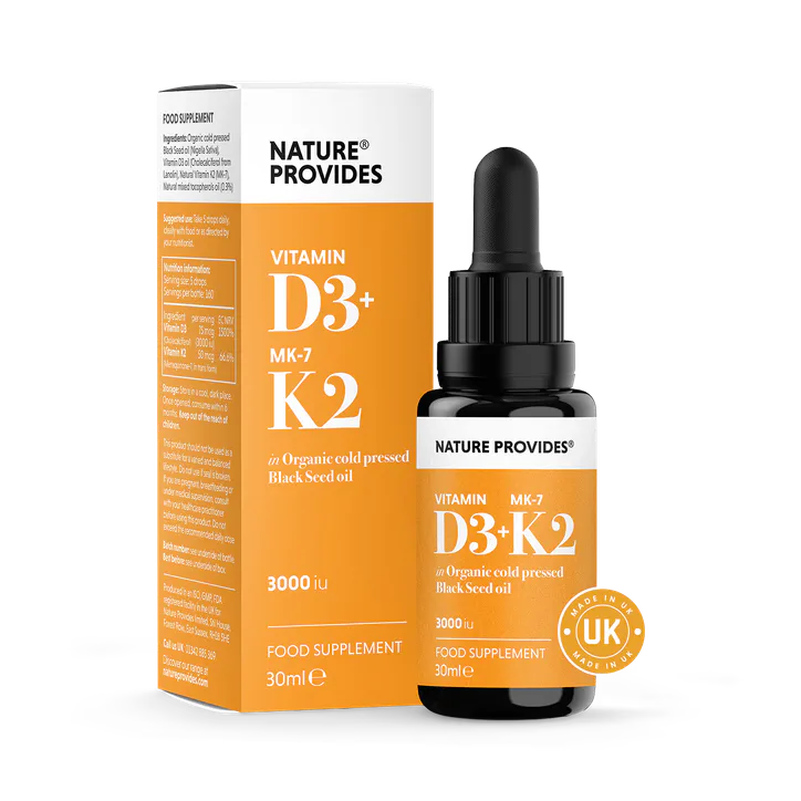 Nature Provides D3+K2 (3000IU) Liquid Vitamin D3 & K2 (MK7) in Organic BlackSeed Oil 30ml