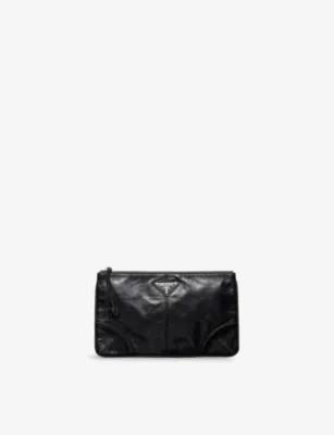 PRADA Leather Logo-Embellished Leather Pouch - BLACK
