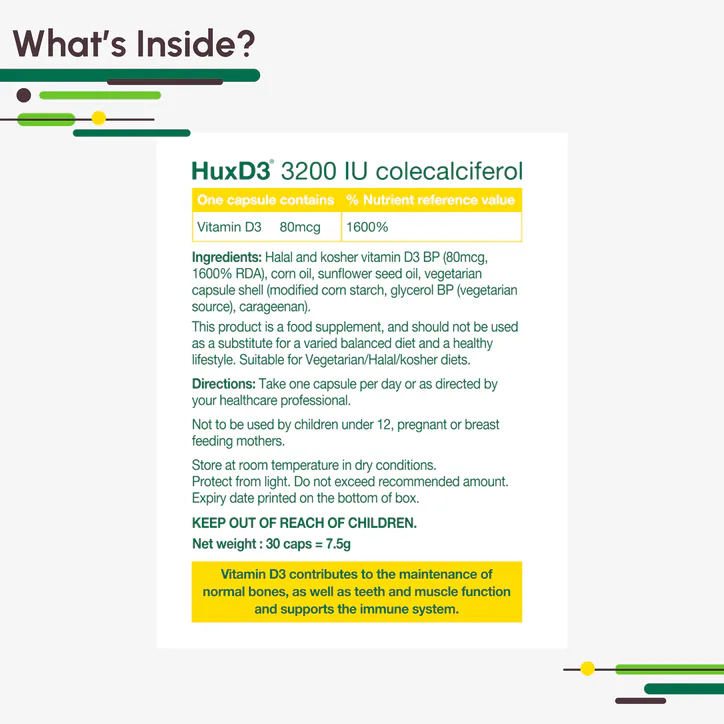 Huxley Europe HuxD3 3200iu Vitamin D3 30 veg caps, additional product view 3