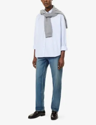 TOTEME Casual Stripe Cotton Shirt in WHITE BLUE, additional product view 2