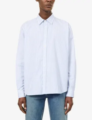 TOTEME Casual Stripe Cotton Shirt in WHITE BLUE, additional product view 3