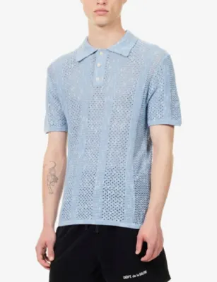 LES DEUX Striped Lace Knitted Cotton-Blend Polo Top detail 3