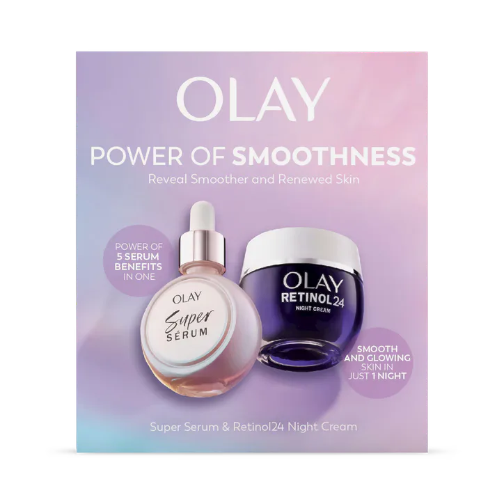 Olay Smooth & Renew Gift Set: Super Serum 30ml + Retinol 24 Night Face Moisturiser 50ml