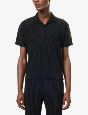 HOMME PLISSE ISSEY MIYAKE Basics Pleated Knitted Polo Top in 15-black, additional product view 3