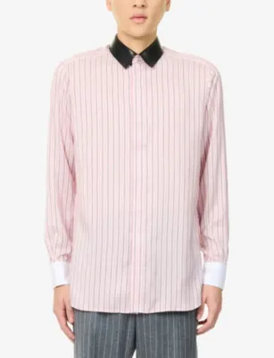 TOM FORD Leather Collar Oxford Striped Silk Shirt - 15.75 detail 3