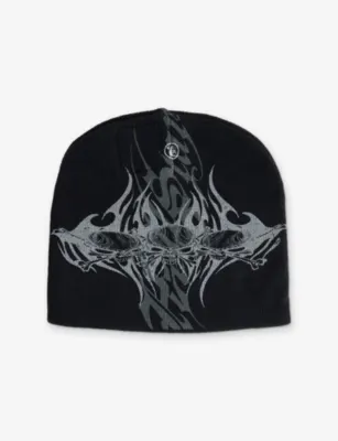 HELLSTAR Tribal Skullz 2 Cotton Beanie in BLACK, additional product view 3