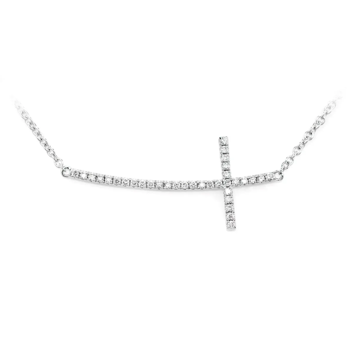 For Him Curved Sideways Diamond Cross Necklace in White Gold / 16" / Lab Grown Diamond – Necklace