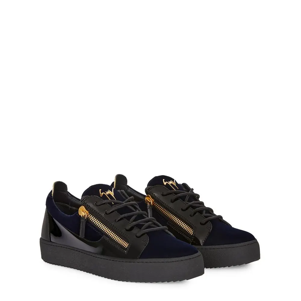 Giuseppe Zanotti May Velvet Panel Low Top Trainers in Navy, additional product view 3