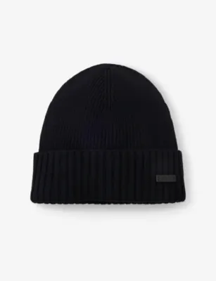 BOSS Ribbed brand-patch wool knitted beanie hat - DARK BLUE