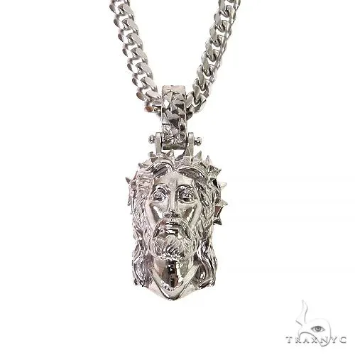 MARYAM - For Him SILVER Mini .925 Silver Small Spikes Crown Jesus Head Pendant [Cuban Set] 69156 in 18 Inches – Pendant Set