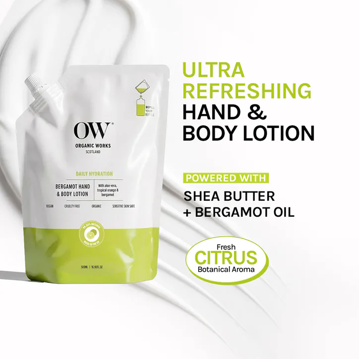 Organic Works Bergamot Hand and Body Lotion 500ml Refill Pouch, additional product view 3