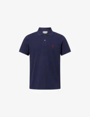 AMI PARIS Logo-Embroidered Cotton Polo T-Shirt - BLEU NUIT